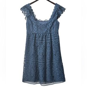 Temperley London Lace Mini Dress Blue Cap Sleeve 💯 Cotton Lined. Sz 6 US 10 UK